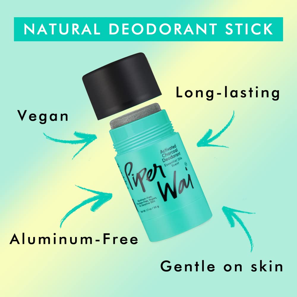 PiperWai Natural Deodorant w/Activated Charcoal | Odor Protection, Vegan, Aluminum Free, Shark Tank Product for Women & Men | Great for Travel, & Gifts | 50g Scented Stick