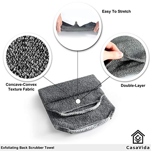 CASAVIDA Back Scrubber for Shower Nylon Bath Towel Washer Exfoliating Washcloth Rear Japanese Stretchable Strap Wash Cloth Body Exfoliation 2 Pack (Blue + Charcoal Gray)