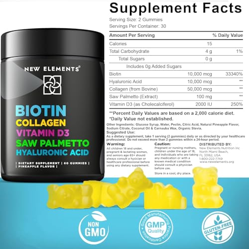 Biotin Gummies with Collagen Vitamin D3 Saw Palmetto & Hyaluronic Acid for Hair Skin and Nails, Hair Growth Supplement for Men & Women | Non-GMO | Gluten-Free | Natural Pineapple Flavor