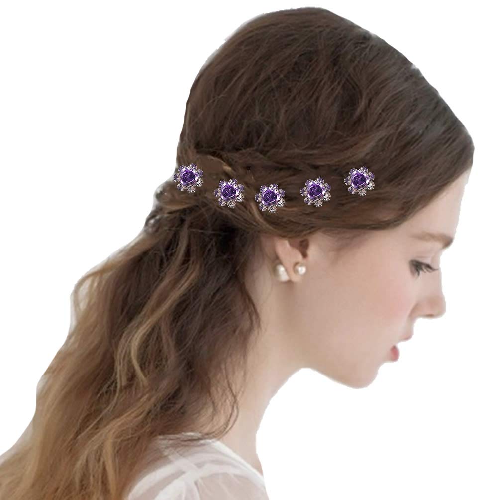 Purple Set: Insowni 40Pcs Bridal Wedding Rhinestone Rose Flower U-Shaped Hair Pins & 6Pcs Twist Pearl Hairpins Headpiece Set In Gift Box For Women Girls Bridesmaid (Purple Set)