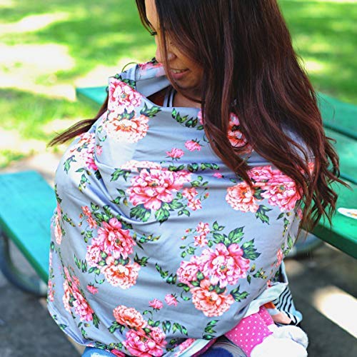 Breastfeeding Cover - Car Seat Cover with Bonus Strap Covers - Kiddo Kind Gray Floral