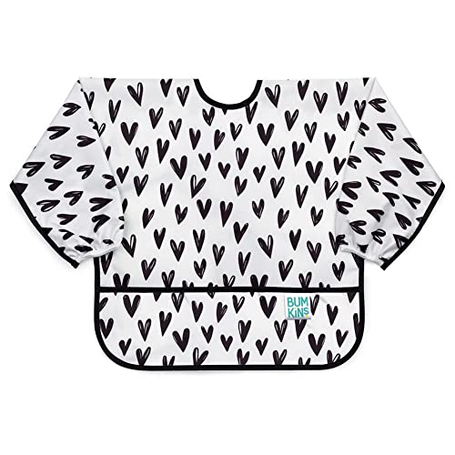 Bumkins Sleeved Bib for Girl or Boy, Baby and Toddler for 6-24 Months, Essential Must Have for Eating, Feeding, Baby Led Weaning Supplies, Long Sleeve Mess Saving Food Catcher, Hearts Black and White