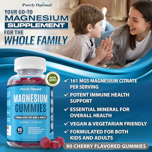 Purely Optimal Premium Magnesium Citrate Gummies for Adults & Kids - Supports Relaxation, Muscle & Nerve Function - Chewable, Non-GMO, Vegan, Gluten-Free - 90 Delicious Gummies