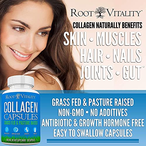 Root Vitality Collagen Peptides Capsules - Grass-Fed, Pasture-Raised Hydrolyzed Protein Supplement for Skin, Hair, & Nails - Non-GMO, Zero Sugar Daily Pills for Men & Women (180 Capsules)