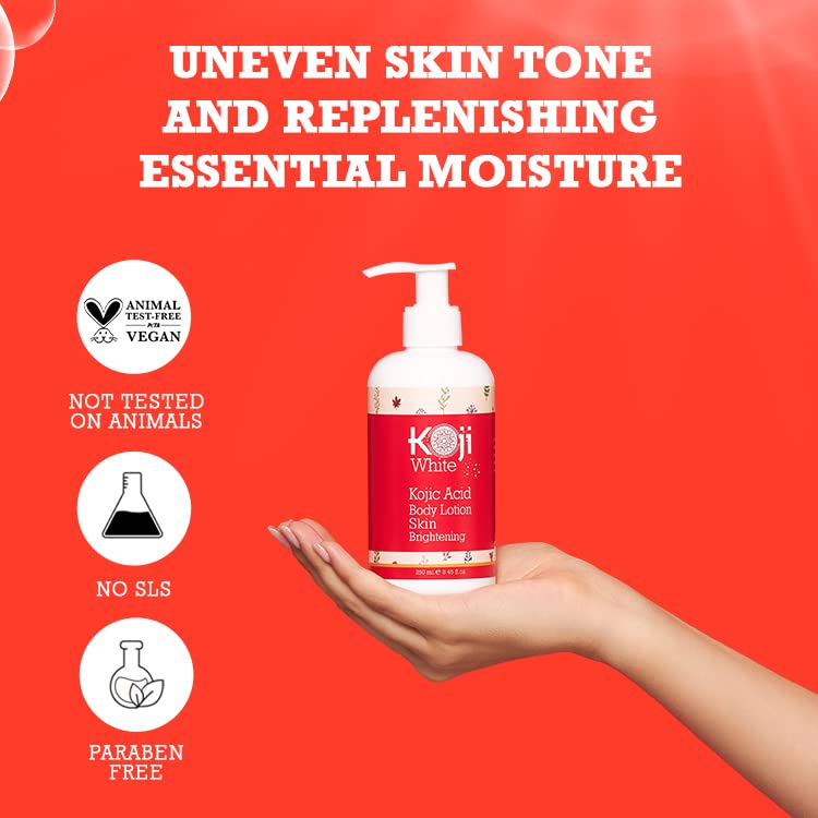 Koji White Kojic Acid Skin Brightening Body Lotion - Body Moisturizer, Boost Hydrating, Sun Damage Skin, Uneven Skin Tone, Paraben-Free, Vegan, 8.45 Fl Oz Bottle