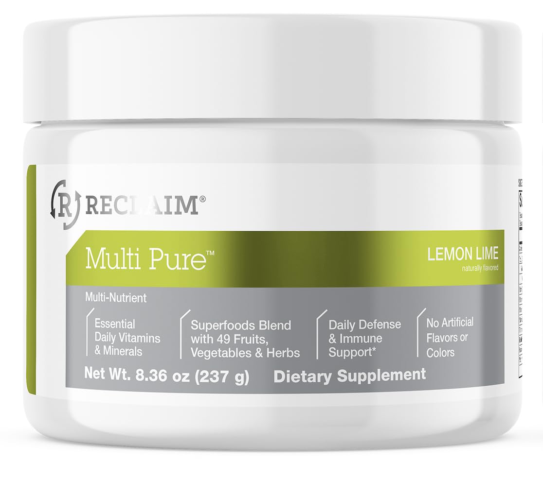 Reclaim Multi Pure Lemon Lime, Immune Support, Vitamin C, Vitamin B Complex, Probiotic, Superfood Powder, Calcium, Magnesium Oxide, (30 Servings) (Lemon Lime)