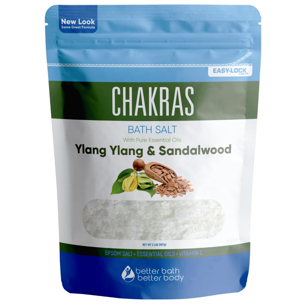 Chakras Bath Salt 32 Ounces Epsom Salt with Natural Ylang Ylang, Sandalwood, Eucalyptus, Frankincense, Chamomile and Cinnamon Essential Oils Plus Vitamin C in BPA Free Pouch with Easy Press-Lock Seal