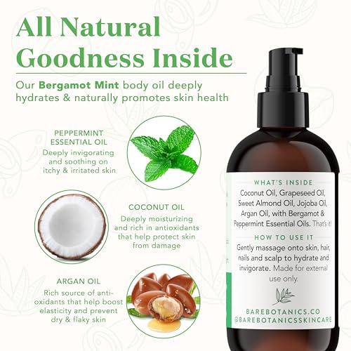 BARE BOTANICS 8 oz Moisturizing Mint Body Oil - 100% Pure & Natural for Skin & Nails - Perfect for Moisturization - Vegan, Cruelty Free & Naturally Scented Hair Oil