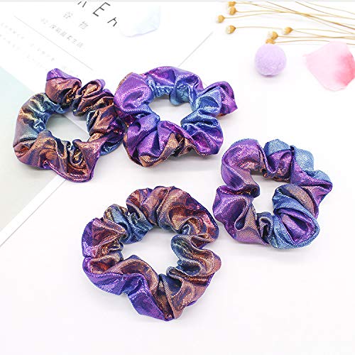 MANDI HOME 4 Pcs Bright Metallic Hair Scrunchies Hair Holder Bobbles Elastics Ponytail Holders Hair Wrist Ties Bands Cloth Scrunchies For Show Gym Dance Party Club Girl (Purple)