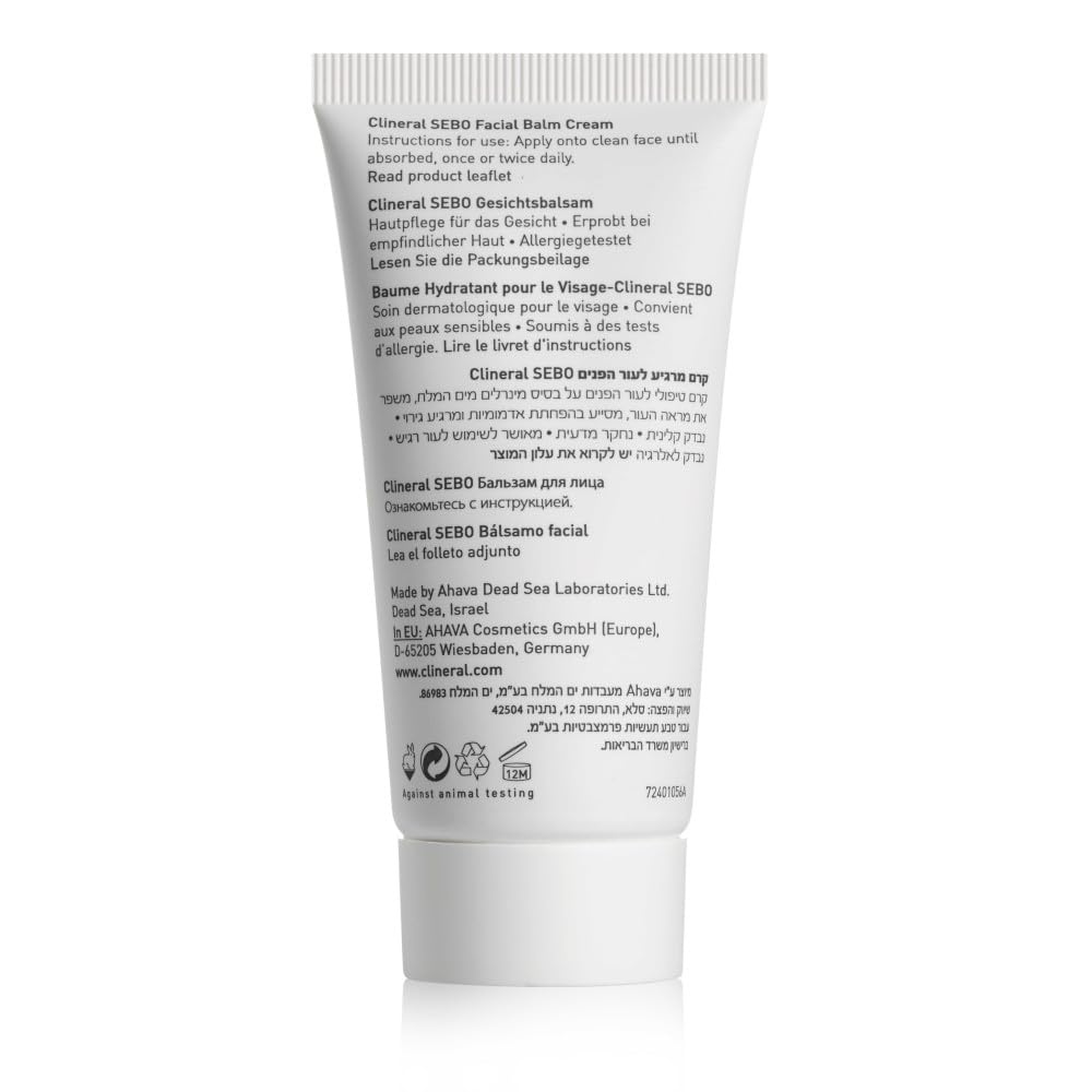 AHAVA Clineral Sebo Facial Balm Cream - Rich balm reduces facial irritation & redness, softens dry & sensitive skin, enriched with Osmoter, Dead Sea Mud, Aloe Vera, Hippophae & Bergamot Oil, 1.7 Fl.Oz