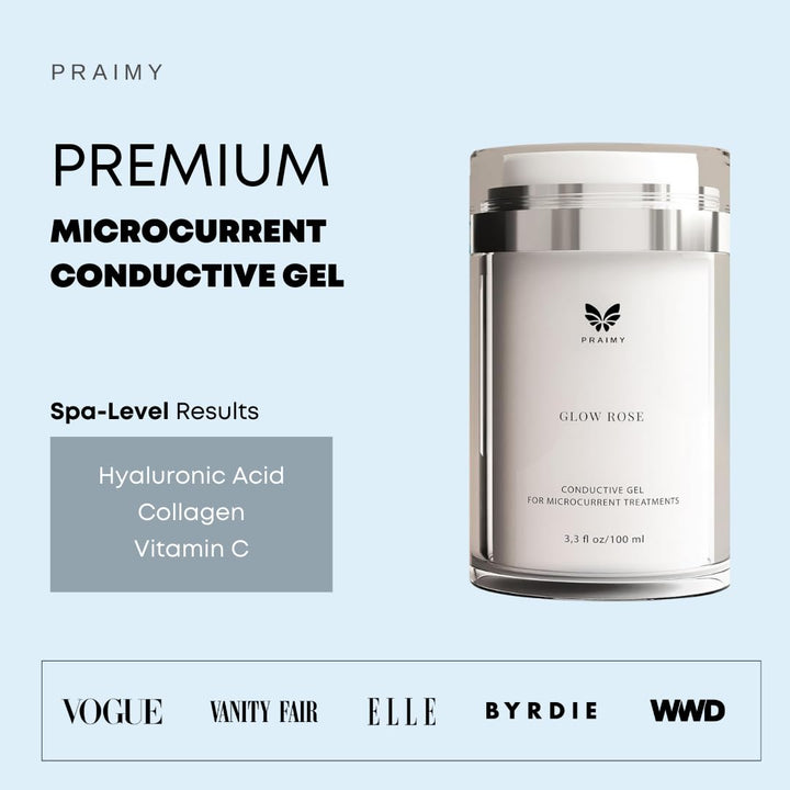 PRAIMY GLOW ROSE Premium Microcurrent Conductive Gel for Face | Facial RF Treatment Microcurrent Activator with Hyaluronic Acid, Collagen & Vitamin C for All Devices NuFace, FOREO, ZIIP (3.3oz)