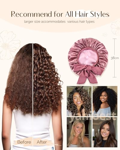 YANIBEST Satin Silk Bonnet for Sleeping Women, Double Layer Hair Bonnet with Elastic Tie Band for Curly Natural Hair, Beanpaste Pink