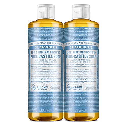Dr. Bronner's - Pure-Castile Liquid Soap (Baby Unscented, 16 ounce, 2-Pack) - Made with Organic Oils, 18-in-1 Uses: Face, Hair, Laundry and Dishes, For Sensitive Skin and Babies, No Added Fragrance