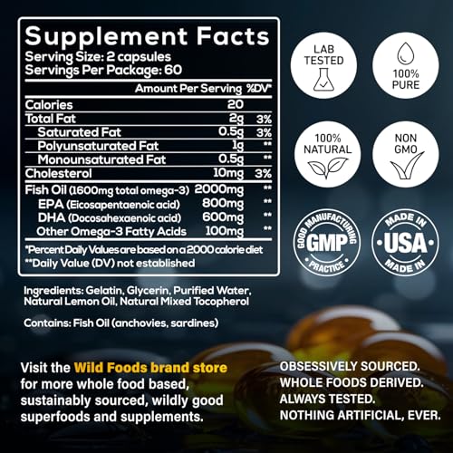 Wild Foods Omega 3 Fish Oil Supplement, 120 Capsules (1 pk) | Wild Caught, Burpless, Odorless, Non-GMO, Gluten Free | DPA, DHA, EPA Triple Strength Heart & Joint Nutrition for Women & Men