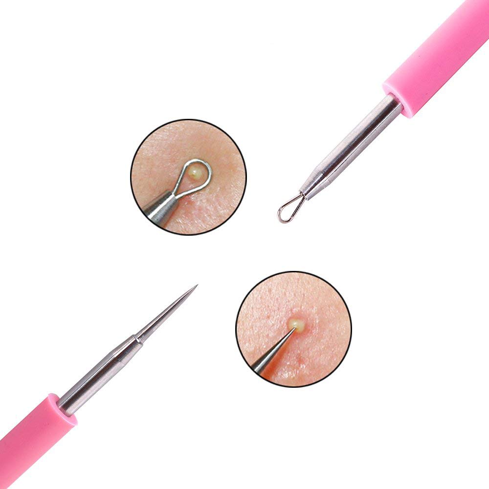 2pcs Stainless Steel Acne Removal Needle with Pink and Blue Silicon Tube Loop Blackhead Extractor Comedone Extractor Blackhead and Whitehead Remover Tools 2 in 1