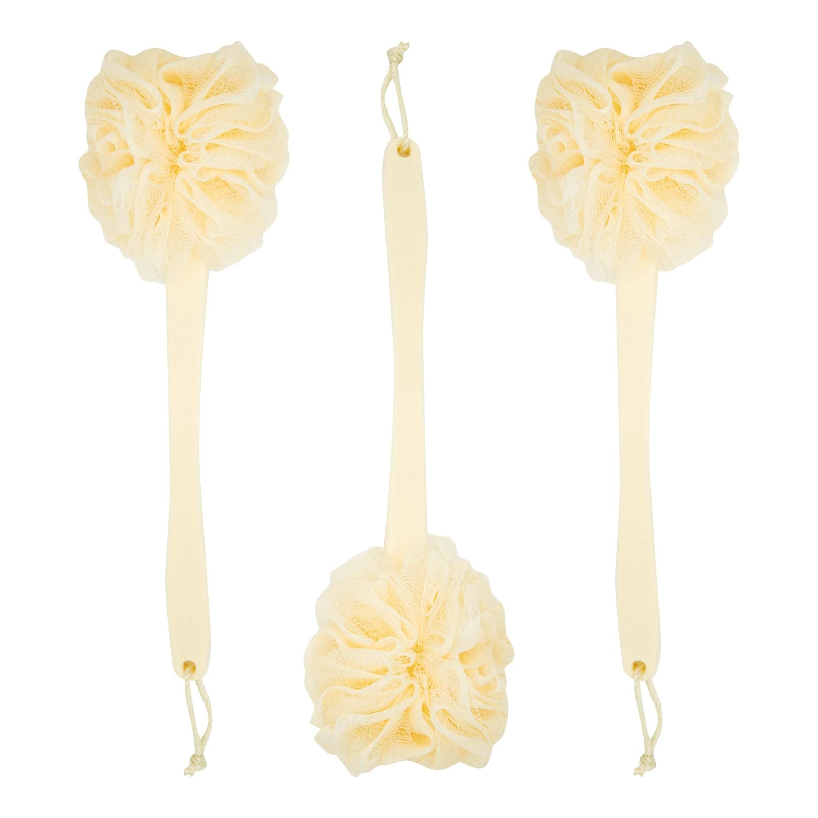 Juvale Body Back Scrubber Bath Sponges - 3-Pack Exfoliating Mesh Pouf Shower Brushes With Long Handles, Peach, 15.2 X 4.5 X 4 Inches