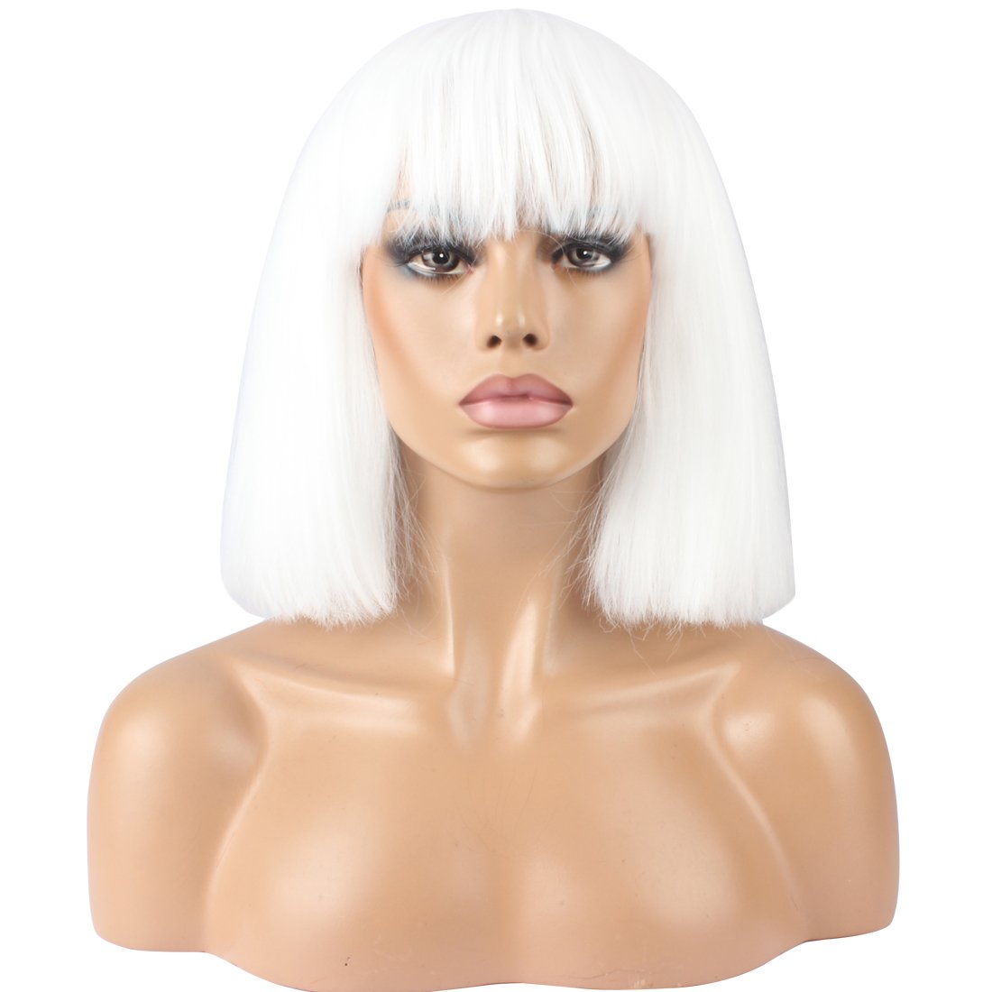Solid White: Weken Women'S Fashion Wig Short Bob Kinky Straight Full Bangs Synthetic Hairpieces Solid White