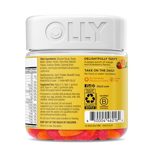OLLY Kids Multivitamin Gummy Worms, Overall Health and Immune Support, Vitamins and Minerals A, C, D, E, Bs and Zinc, Chewable Supplement, Sour Fruit Punch, 45 Day Supply (70 Count)