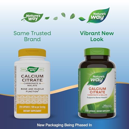 Nature's Way Calcium Citrate, 500 mg Calcium per 2-Capsule Serving, for Bone Health & Muscle Function*, Blend of Citrate, Carbonate & Malate, Gluten Free, 250 Capsules (Packaging May Vary)