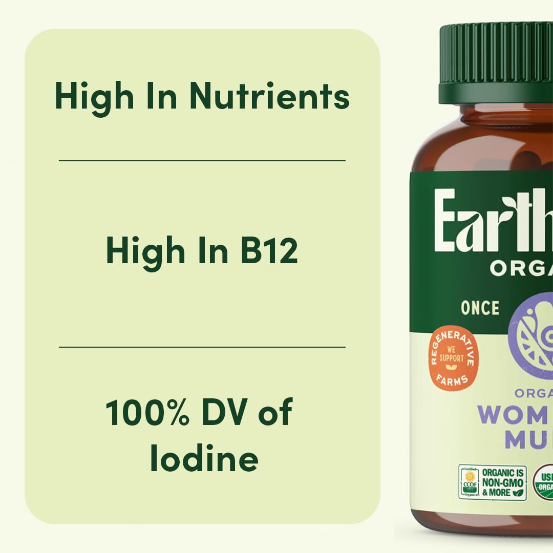 EarthFirst Organic Women’s Multi Once Daily, Women's Multivitamin, Iron, Vitamin B12 & More, 19 Vitamins from Herbs & Superfoods, 30 Count