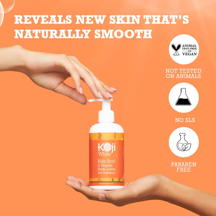 Koji White Kojic Acid & Papaya Body Lotion, Women Gift Sets for Exfoliating, Skin Brightening, Moisturizer, Radiance, Even Tone, Age Spots & Sun Damaged, Vegan, Paraben-Free, 8.45 Fl Oz (2 Bottles)