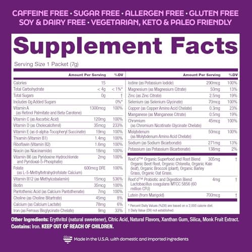 Root'd Prenatal Multivitamin Powder with 3X Electrolytes - 25 Vitamins & Minerals, Folate, Iron, Vitamin D3, 7 Superfoods & Probiotics, Sugar-Free Vitamins & Hydration | 24 Vitamin Drink Mix Packets