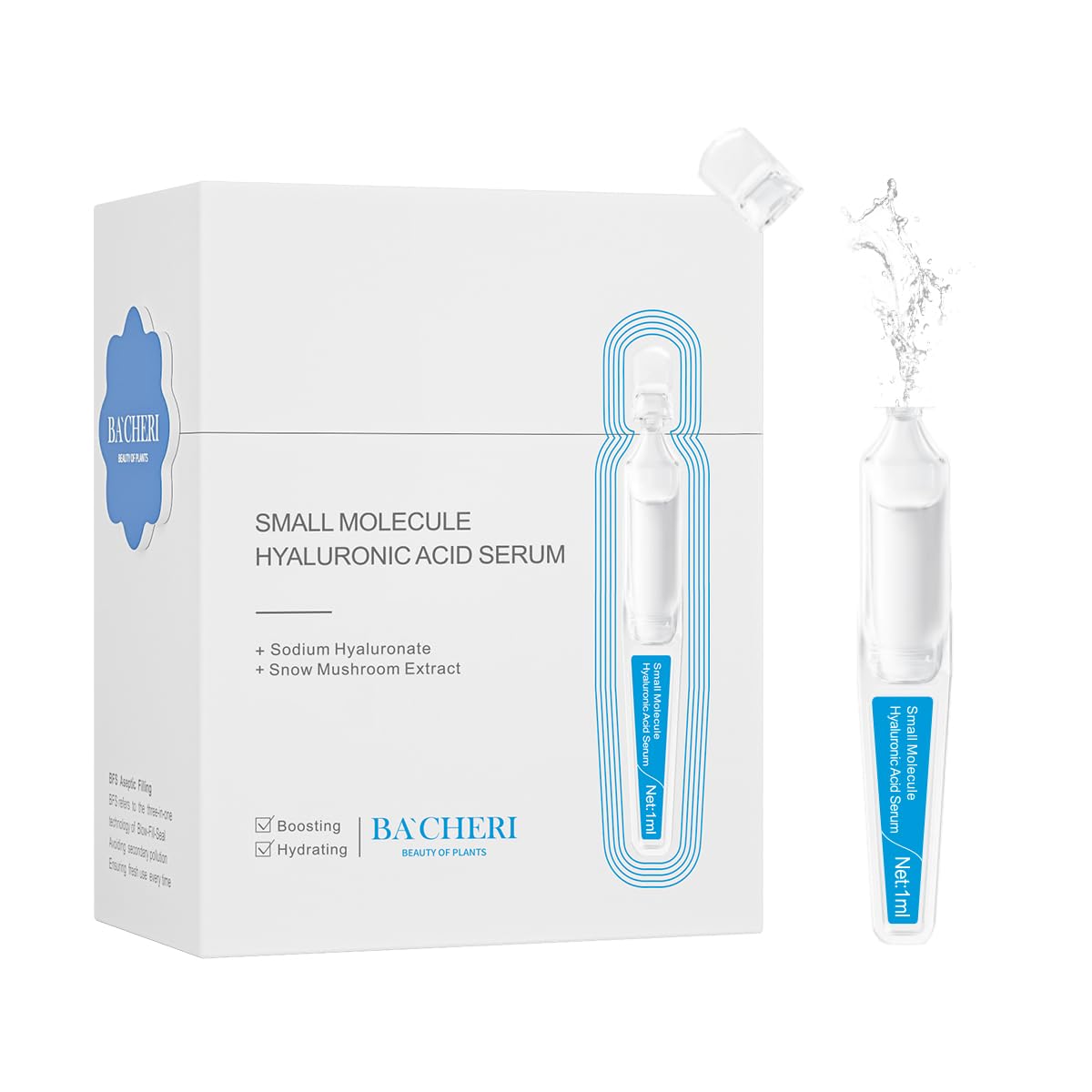 BACHERI Small Molecule Hyaluronic Acid Serum – Ultra-Lightweight Hydrating Facial Serum for All Skin Types, 1ml*15 Ampoules