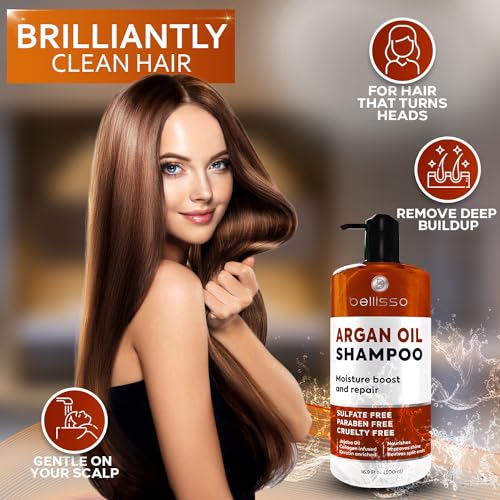 Argan Oil Shampoo - Sulfate Free with No Parabens - Moroccan Botanicals for Women and Men - Professional Moisturizing, Anti Frizz, Hydrating Solution for Dry, Wavy, Curly and Color Treated Hair