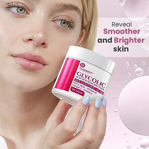 20% Glycolic Acid Pads (50 Pads) - Exfoliating Pads for Face Chemical Peel for Face at Home - Glycolic Acid Peel Exfoliating Face Pads - Acne Pads Facial Peel Face Exfoliating Pads with Vitamin C