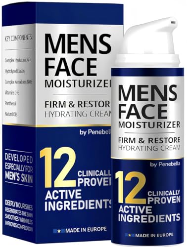 PENEBELLA Mens Face Moisturizer - Deep Hydrating & Anti Aging Mens Lotion | Made in Europe | Vitamin C+E, Elastin, Hyaluronic 4D - Mens Face Cream for Daily Use - Eye, Face & Neck Mens Skin Care