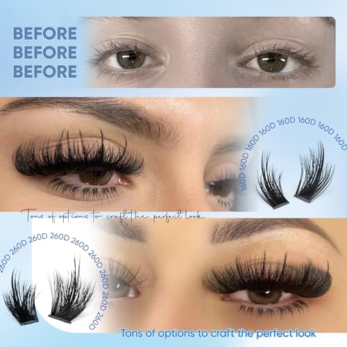 CORUSCATE Spikes Lash Clusters with Bottom Lashes 160D+260D Cluster Eyelash Extensions 3D Volume Individual Lashes Wispy 12-22mm Long Cluster Lashes Spiky Mega Dramatic Full Look Strip Lash Extension