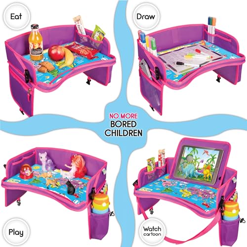 ECOFANTASY Kids Travel Tray - Waterproof Lap Table with No-Drop Large Tablet Holder - Car Seat Tray - Road Trip Essentials Kids - Car Desk Organizer for Airplane - Toddler Travel Essentials (Pink)