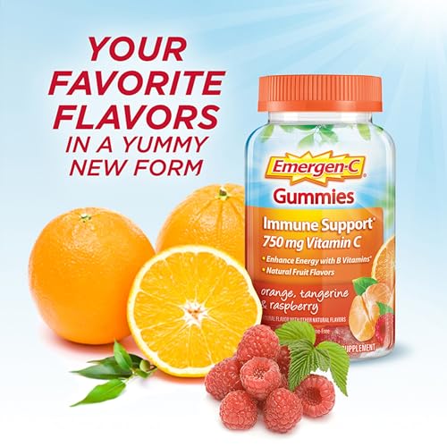 Emergen-C 750mg Vitamin C Gummies for Adults, Immunity Gummies with B Vitamins, Gluten Free, Orange, Tangerine and Raspberry Flavors, 45 Count (Pack of 1)