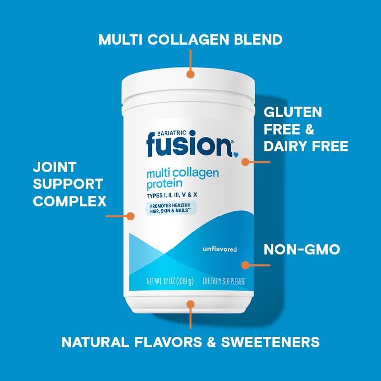 Bariatric Fusion Unflavored Multi Collagen Protein Powder | Hydrolyzed Collagen Peptides Powder Plus Joint Support Complex of MSM and Glucosamine | Type 2 | Dairy, Gluten & Soy Free | 30 Servings