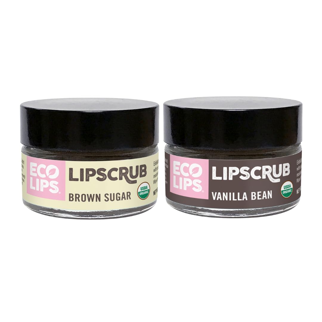 Eco Lips LIP SUGAR SCRUB 2 Pack (2- 0.5oz jars) 100% Organic Lip Care Treatment with Organic Sugar & Coconut Oil - Gently Exfoliate & Polish Dry, Flaky Lips, 100% Edible (Vanilla Bean & Brown Sugar)