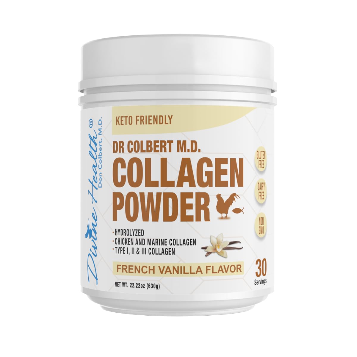 Divine Health Dr. Colbert MD Hydrolyzed Collagen Powder | Vanilla Flavor | Type I, II, III Chicken & Marine Collagen Peptides | Recommended in Keto Zone Diet Book Hair, Skin and Nails