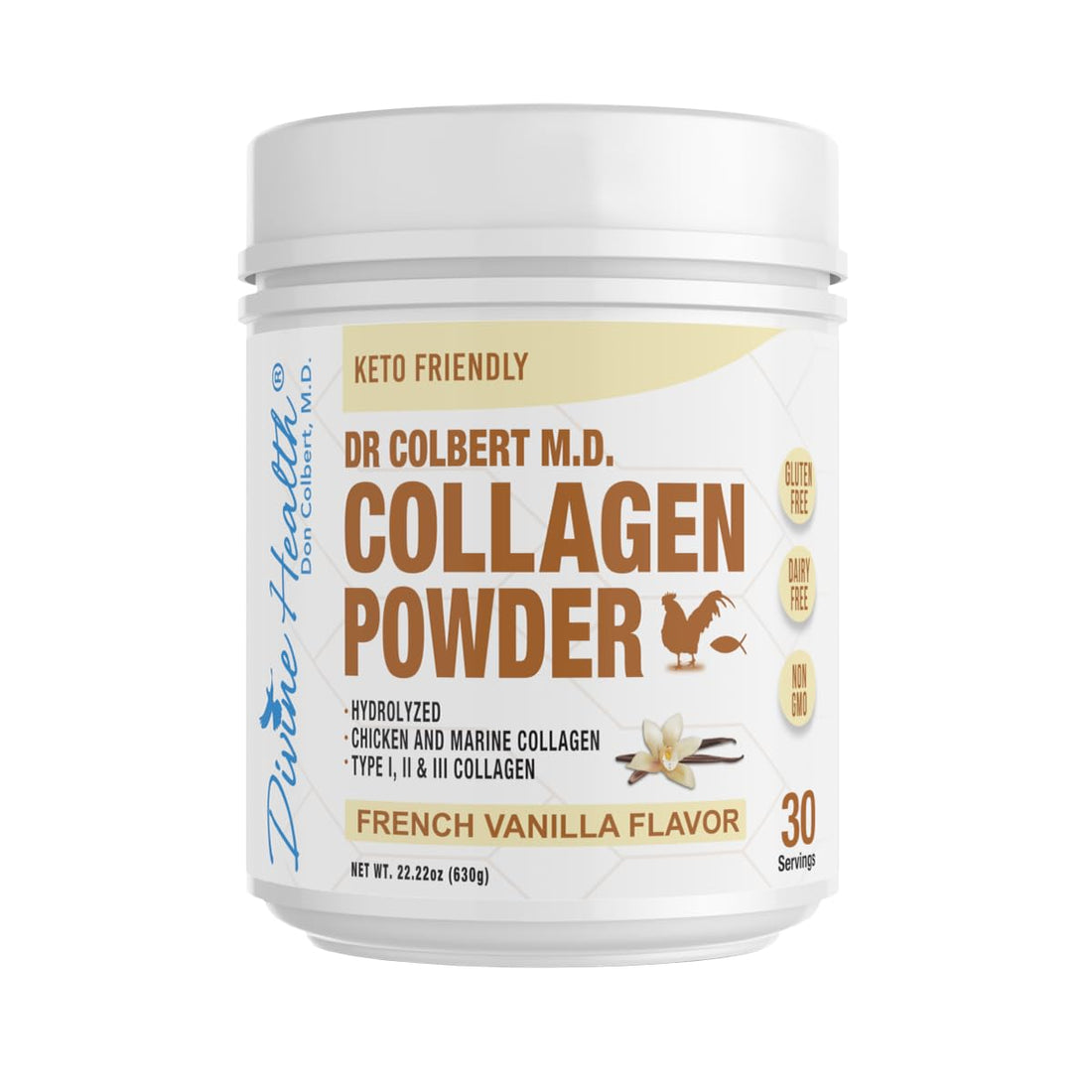 Divine Health Dr. Colbert MD Hydrolyzed Collagen Powder | Vanilla Flavor | Type I, II, III Chicken & Marine Collagen Peptides | Recommended in Keto Zone Diet Book Hair, Skin and Nails