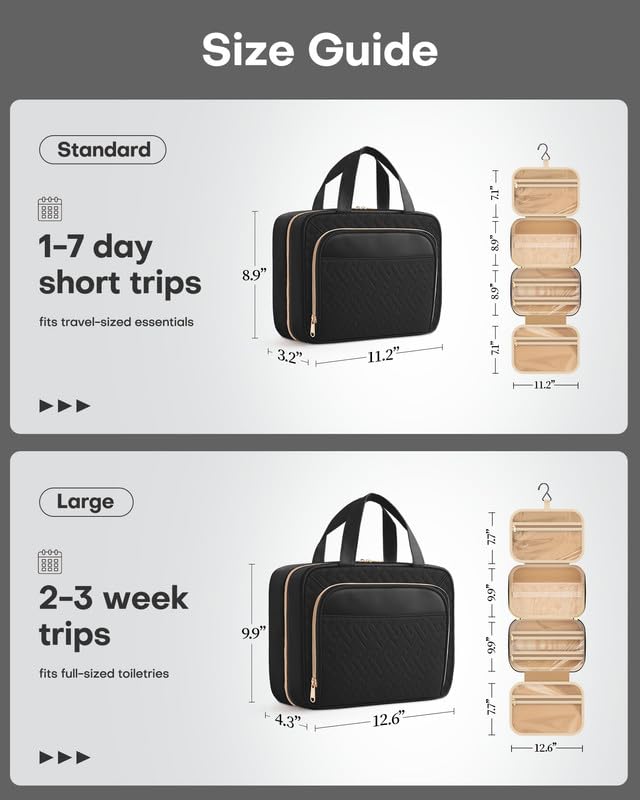 HOTOR Travel Toiletry Bag for Women & Men, Waterproof Makeup Bag with Hanging Hook and Multiple Pockets, Cosmetic Bags for Women, Travel Essentials, 12.6'' x 4.3'' x 9.9'', Black