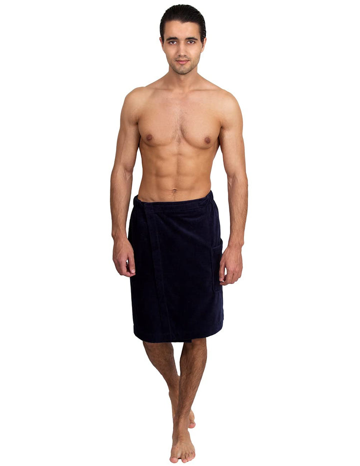 TowelSelections Mens Shower Wrap Adjustable Cotton Terry Velour Wrap Gym Body Cover Up Medium/Large Navy