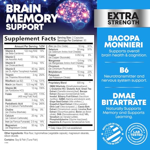 Brain Supplements for Memory and Focus - 40 Nootropics & Vitamins to Support Mental Alertness, Clarity & Concentration, Brain Health Cognitive Memory Pills, B6, B12, Phosphatidylserine - 180 Capsules