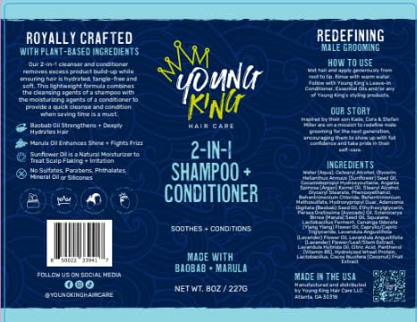 Young King Hair Care Kids 2-in-1 Shampoo & Conditioner For Boys | Cleanse and Hydrate Natural Curls | Plant-Based and Harm-Free | 8 oz