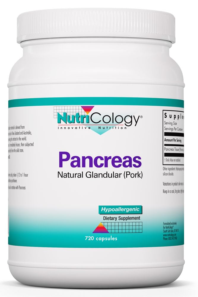 Nutricology Pancreas Dietary Supplement - Digestive Support, Natural Glandur (Pork), Enzymes, Hypoallergenic, Vegetarian Capsules, Gluten Free - 720 Count