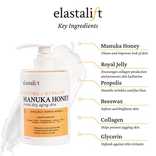 Elastalift Manuka Honey Cream Face Moisturizer & Body Butter Lotion For Dry Skin | Firming & Hydrating Miracle Balm Skin Care Moisturizing Lotion For Women, Wrinkles, & Sun Damaged Skin, 15 Fl Oz