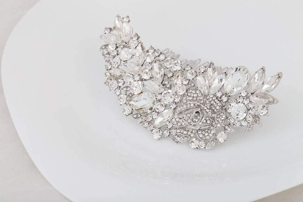 Deniferymakeup Bridal Comb Floral Silver Crystal Leaf Bridal Hair Comb Vintage Inspired Hairpiece Bridal Hair Accessories Crystal Comb Veil Clip