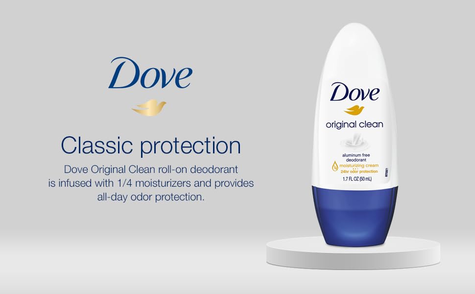 Dove Original Clean Roll On Deodorant, Aluminum Free, All Day Odor Protection, 4-Pack, 1.7 FL Oz Each, 4 Bottles