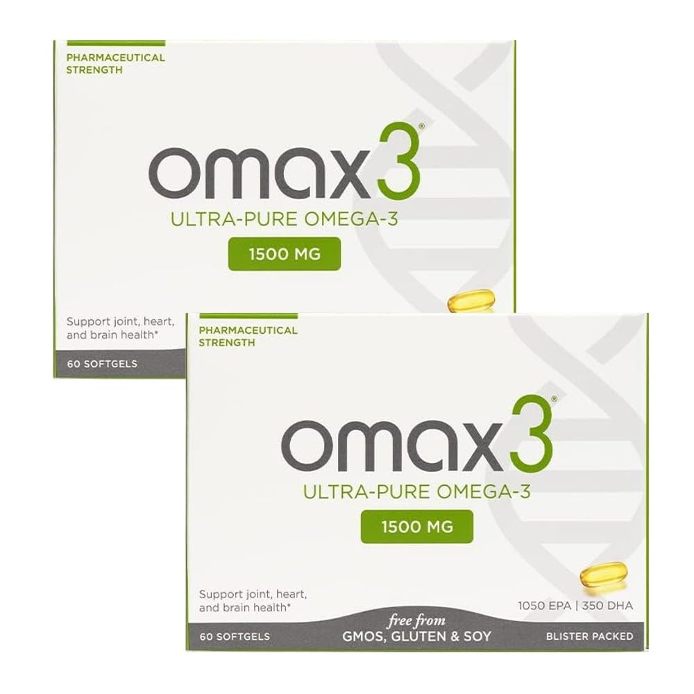 Omax3 Natural Omega 3 Fish Oil Pills 1500 MG EPA DHA - Omega3 Fatty Acid Muscle & Joint Support Supplements - Gluten Free, Wild Caught, Non GMO, 60-Day Supply Blister Packed (2 Boxes)