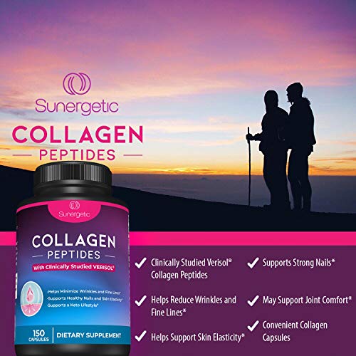 Sunergetic Premium Collagen Peptides Capsules – 2500 mg of VERISOL Collagen Peptides Type 1 & Type 3 – Multi Collagen Supplement to Support Joint Health, Hair, Skin & Nails – 150 Collagen Capsules