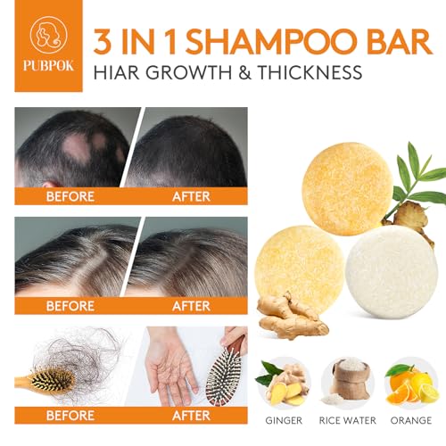 Pubpok Rice Water Shampoo Bars and Conditioner Set for Hair Growth, Organic Ginger & Rice Water Shampoo Bar, Orange Conditioner Soap for PH Balanced