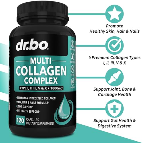 Multi Collagen Peptides for Women & Men - Type I, II, III, V, & X Multi Collagen for Women & Men Complex Capsules, Hydrolyzed Peptides Pills Supplements for Skin, Hair & Nails - 120 Protein Capsules