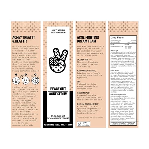 PEACE OUT Skincare Acne Serum. Daily Multi-Benefit Face Serum with 2% Salicylic Acid to Target Pimples, Zits, Blemishes and Breakouts, For Clearer-Looking Skin 1 fl oz